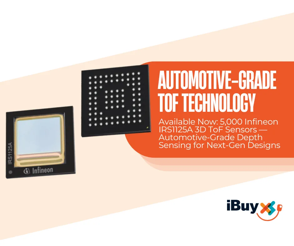 Two Infineon IRS1125A ToF sensor chips beside an orange banner reading Automotive-Grade ToF Technology, with the iBuyXS logo