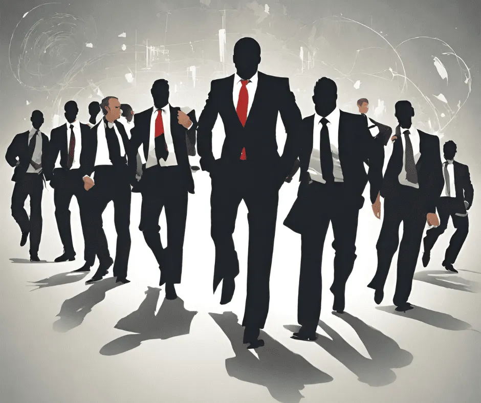 Illustration of a group of silhouetted men in dark suits walking forward, one in the center with a red tie