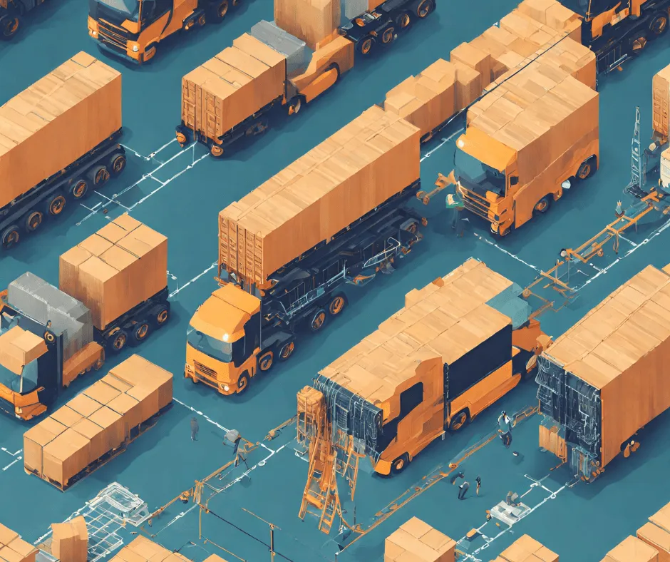 Illustration of orange freight trucks loaded with cargo boxes on a blue loading yard, with small workers beside them