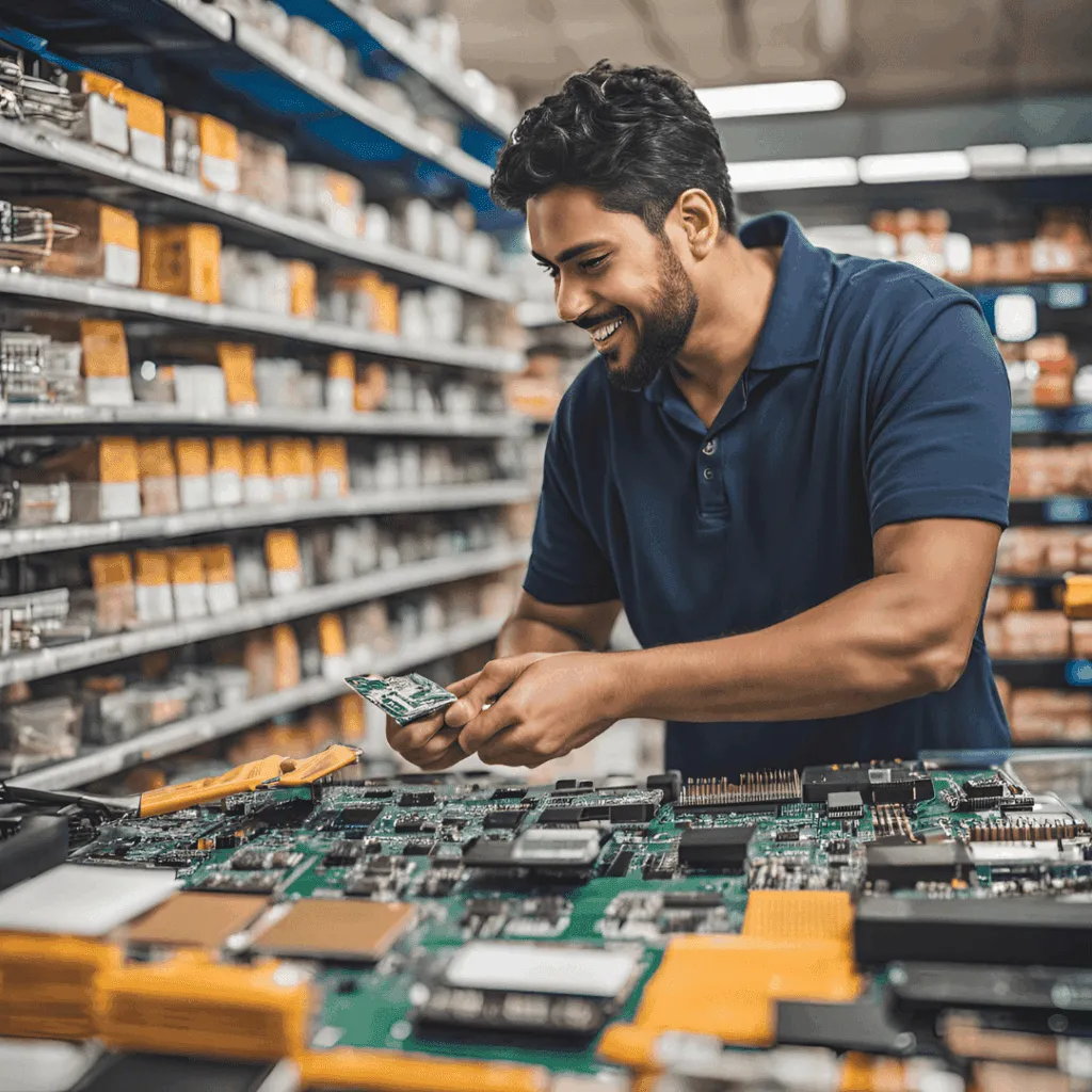 Smiling man in a navy polo holding a small circuit board, with more boards on a counter and shelves of boxed parts behind him