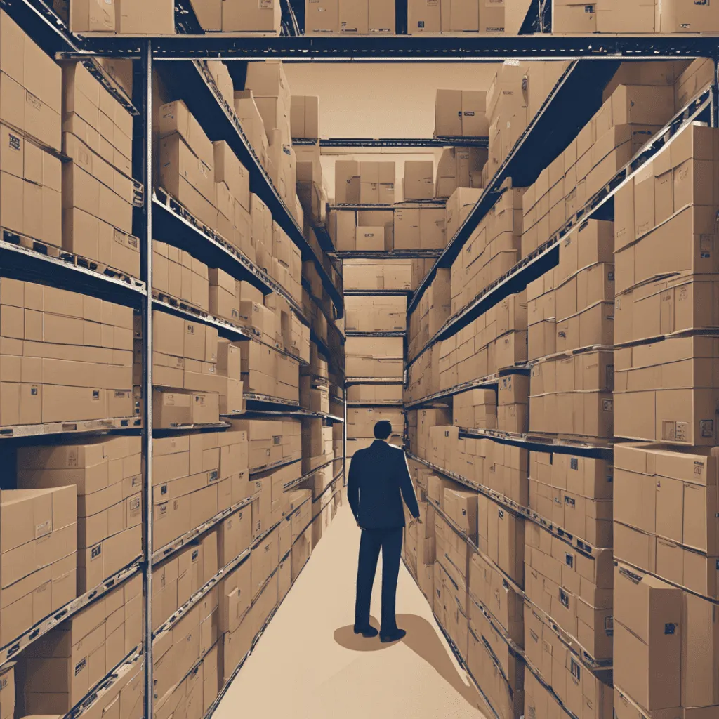 Illustration of a man in a dark suit standing in a long aisle between tall shelves stacked with cardboard boxes
