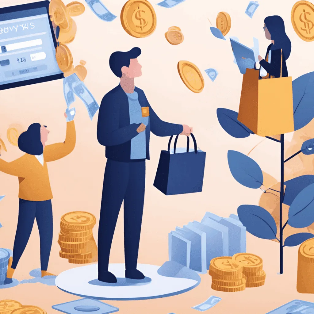Illustration of shoppers with bags among floating gold coins and banknotes, with a browser window at upper left