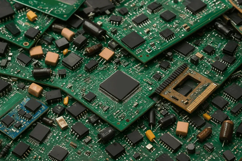Pile of green circuit boards covered in black chips, capacitors and a gold-edged memory module