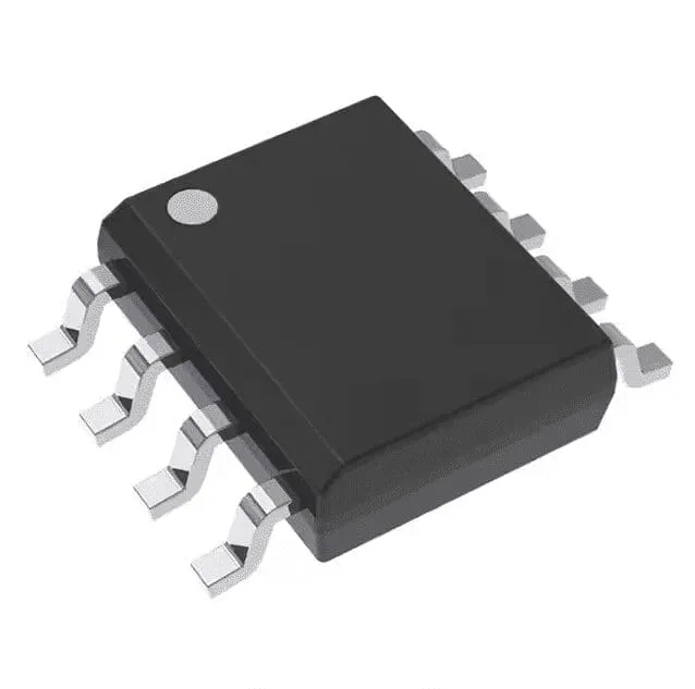 Black eight-pin surface-mount IC with gull-wing metal leads and a pin-1 dot, on a white background