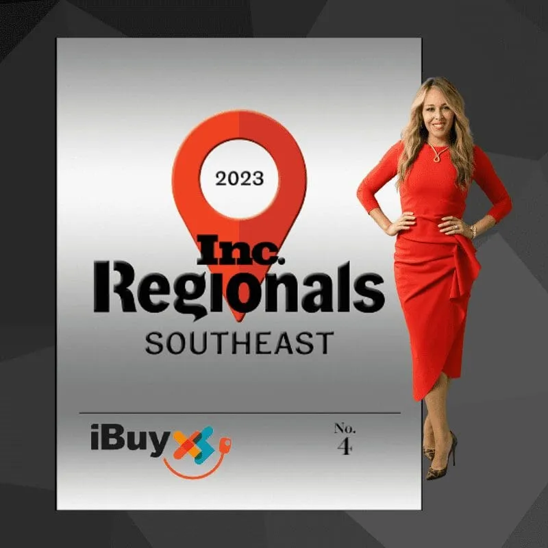 Woman in a red dress standing beside an Inc. Regionals Southeast 2023 No. 4 graphic with the iBuyXS logo