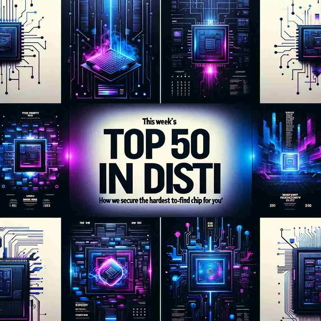 Collage of neon blue and purple circuit-chip graphics around the text This week's TOP 50 IN DISTI