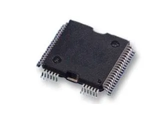 Black surface-mount integrated circuit with fine metal leads along its edges, shown at an angle on a white background
