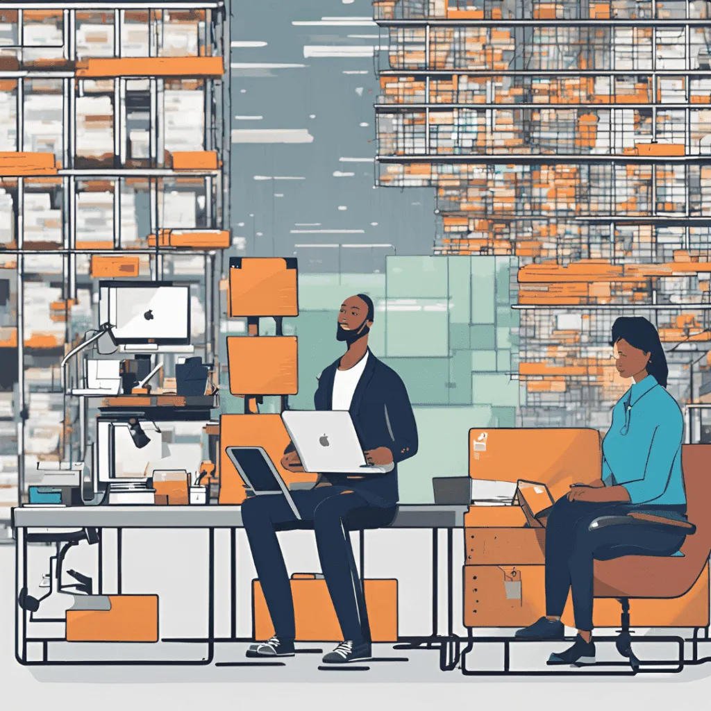 Illustration of a man with a laptop and a woman seated in a warehouse office, with tall orange-stocked shelves behind them