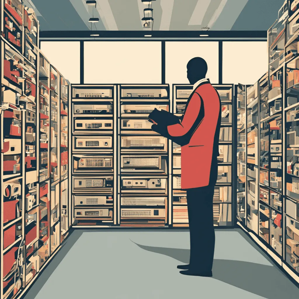 Illustration of a person in a red jacket holding a folder in an aisle of shelves stocked with electronic equipment