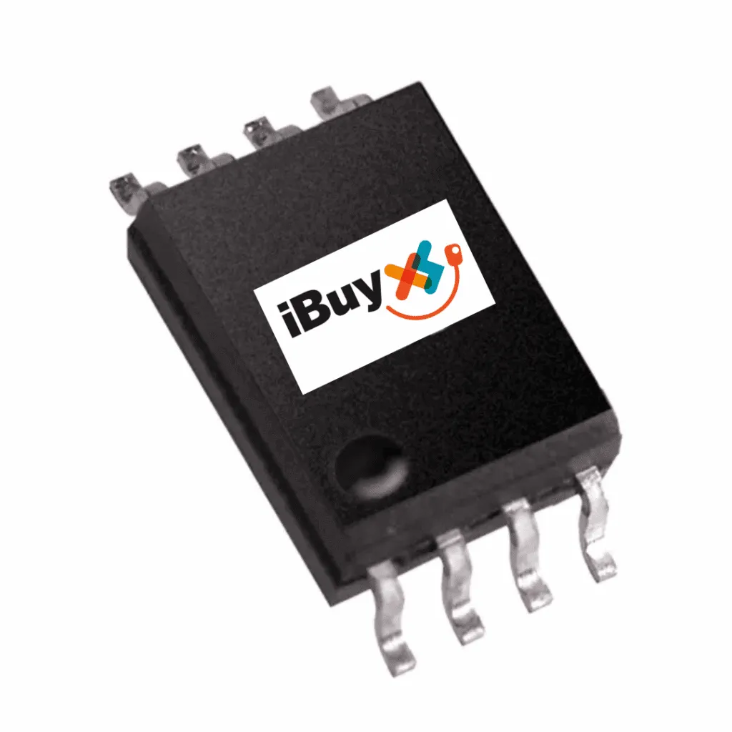 Black eight-pin surface-mount IC with a white iBuyXS logo label on top, shown on a white background