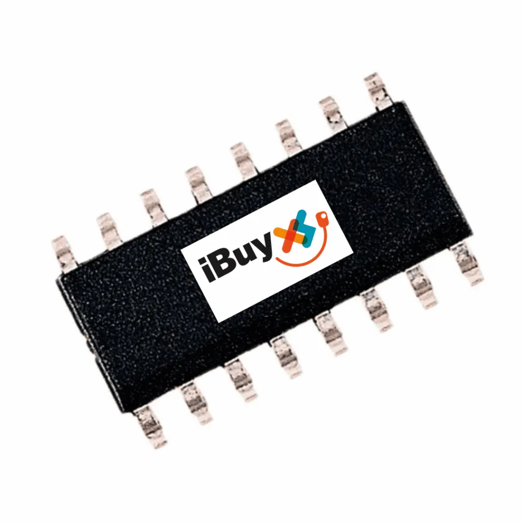 Black 16-lead surface-mount chip with a white label showing the iBuyXS logo, on a white background