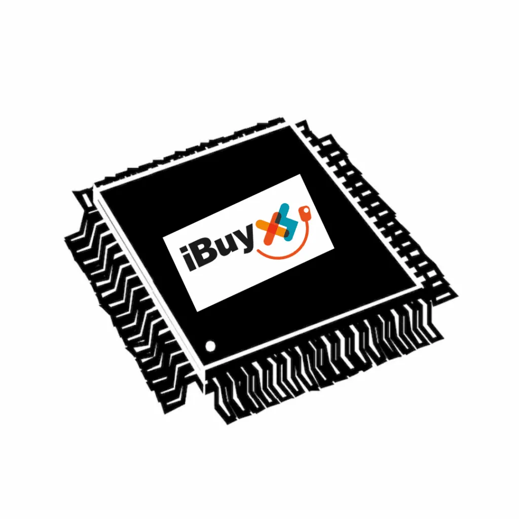 Black illustrated microchip with a white label on top showing the iBuyXS logo