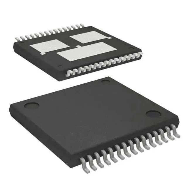 Two black surface-mount ICs with gull-wing leads, one seen from the top and one flipped to show its metal pads