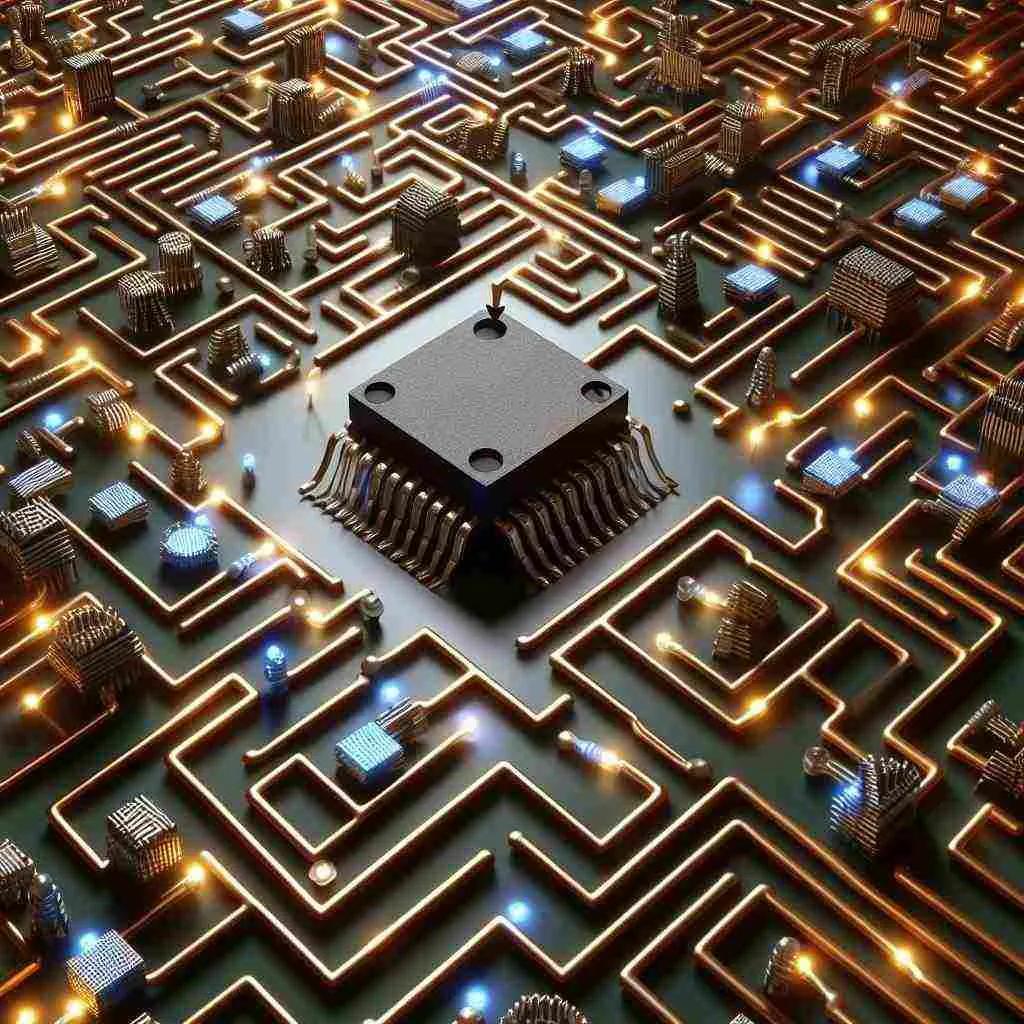 Rendered illustration of a black chip with bent leads at the center of a glowing copper-trace maze on a circuit board