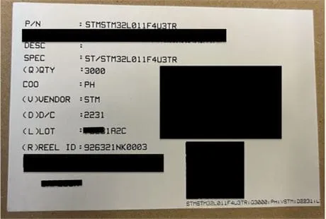 Reel label with part number STMSTM32L011F4U3TR, quantity 3000, date code 2231, with some fields blacked out