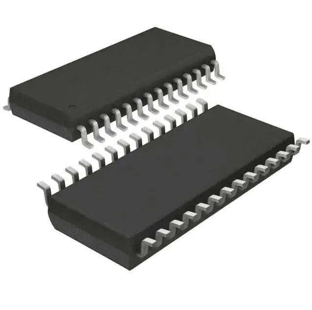 Two black surface-mount ICs with gull-wing leads, one seen from above and one tilted to show its leads