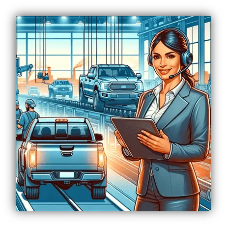 Illustration of a smiling woman with a headset holding a tablet in front of pickup trucks on an assembly line