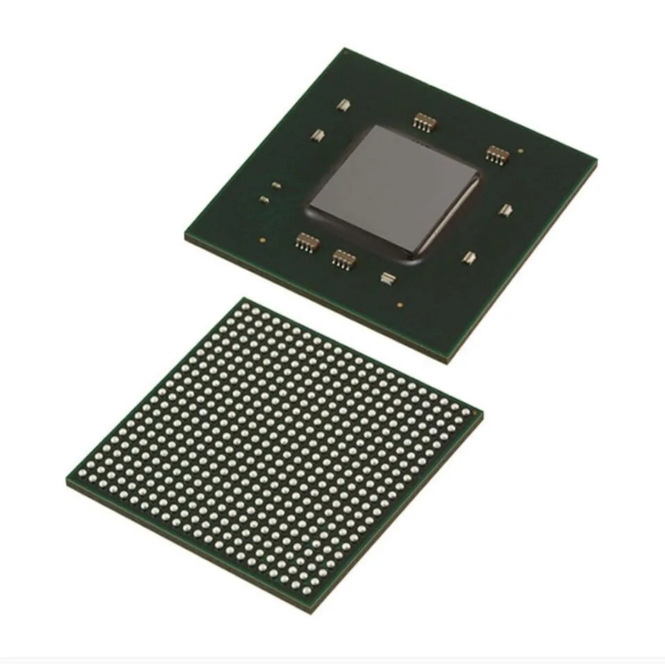 Two views of a ball grid array chip package: top with a gray metal lid and small components, bottom with a grid of solder balls