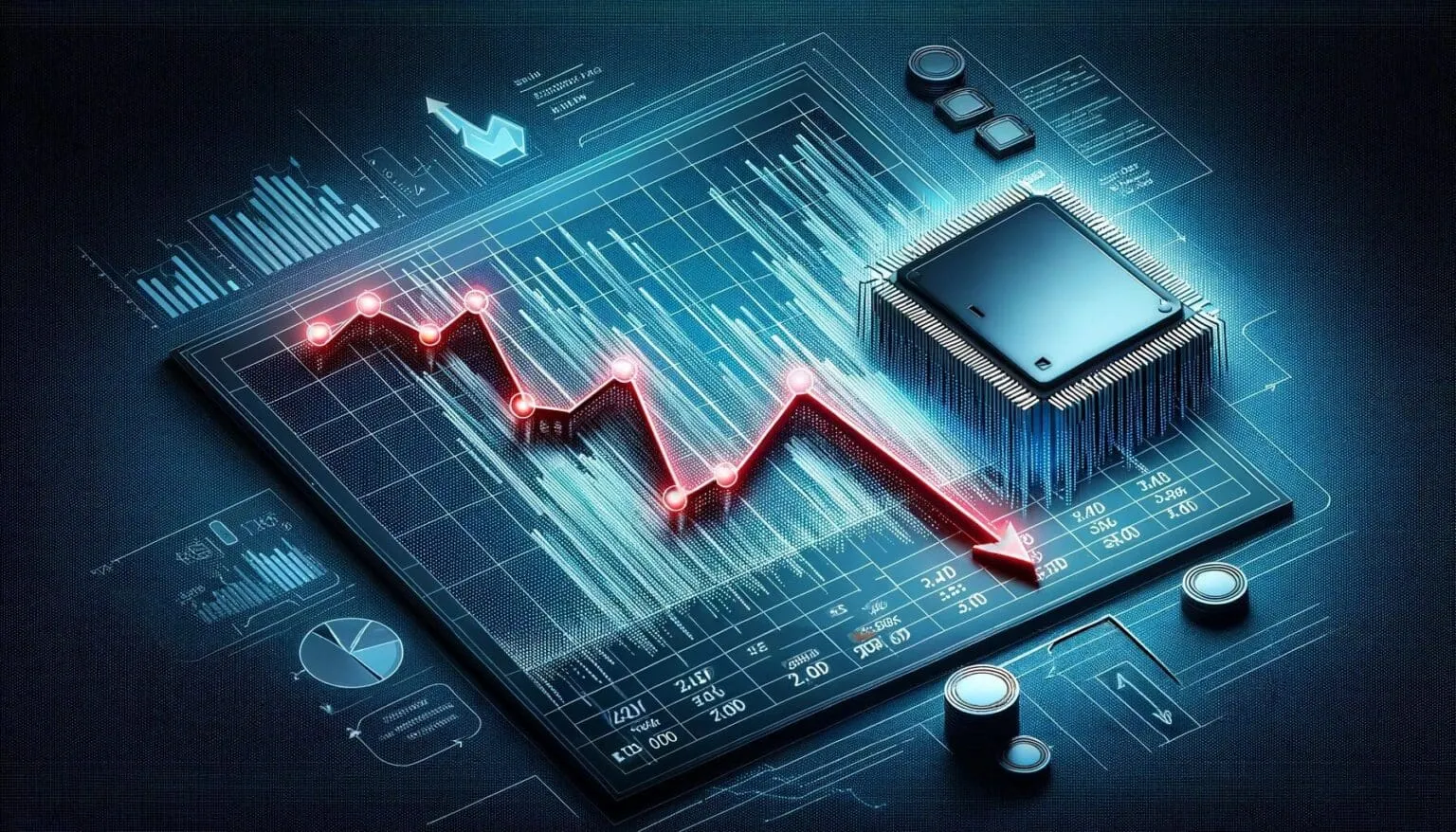 Illustration of a red downward-trending line chart over a blue grid beside a large microchip