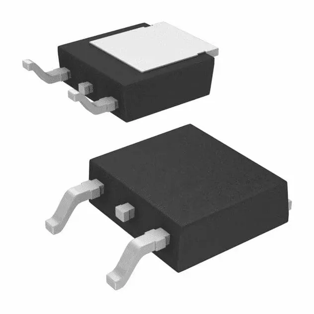 Two black surface-mount transistor packages with bent metal leads and a white pad, shown from two angles