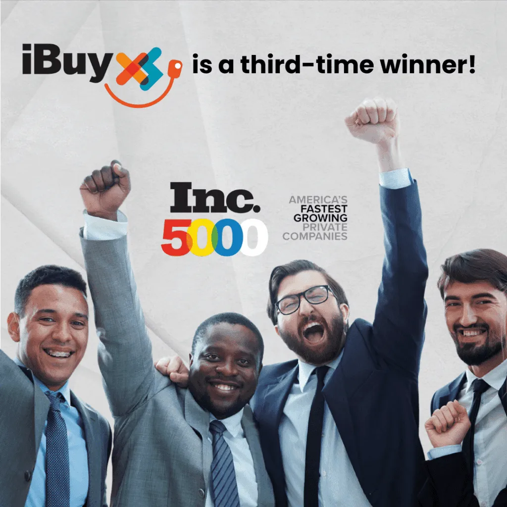 Four smiling men in suits cheering with raised fists, with the iBuyXS logo, the text is a third-time winner, and the Inc. 5000 logo