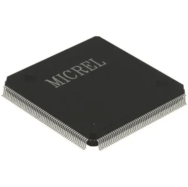 Black square flat-pack chip marked MICREL with fine leads along its edges