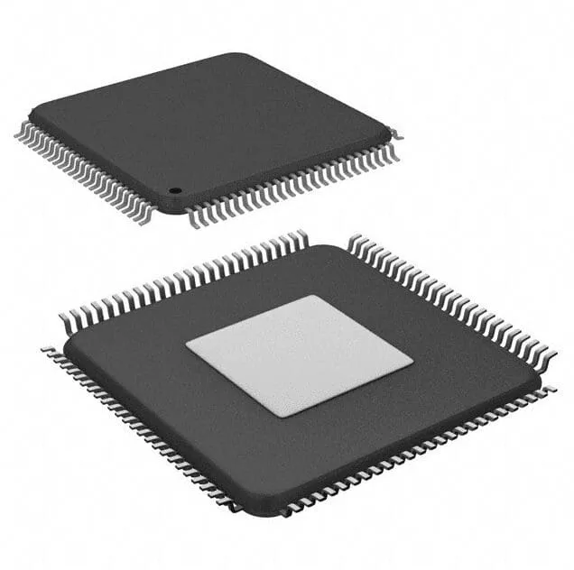 Two black surface-mount quad flat integrated circuit packages with gull-wing leads, one showing the underside with a square exposed pad