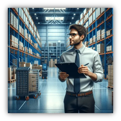 Illustration of a man in glasses and tie holding a clipboard in a warehouse aisle between tall blue shelving racks of boxes