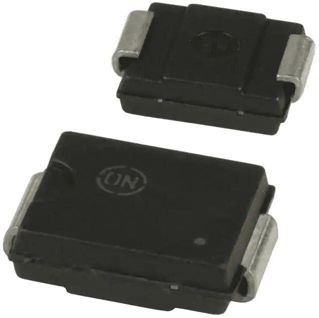 Two black rectangular surface-mount diode packages with metal end tabs, one marked with an ON logo