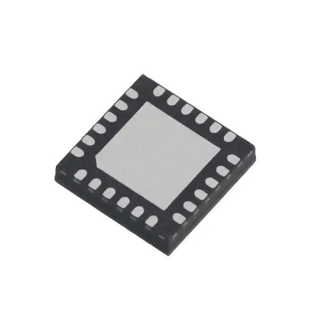 Black square leadless integrated circuit package with a large gray exposed pad and rounded contacts around the edge