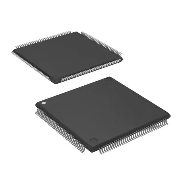Two black square surface-mount chips with fine gray leads along every edge, shown on a white background