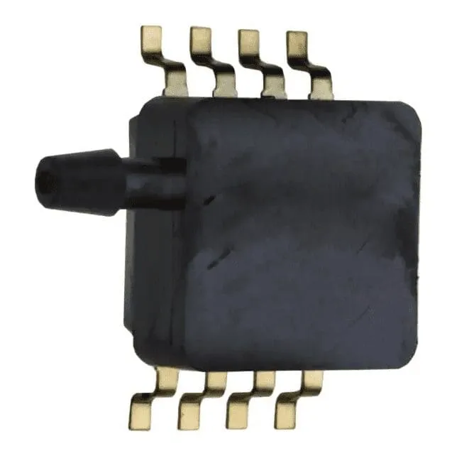 Black surface-mount sensor package with a round port tube on its left side and gold-colored leads top and bottom