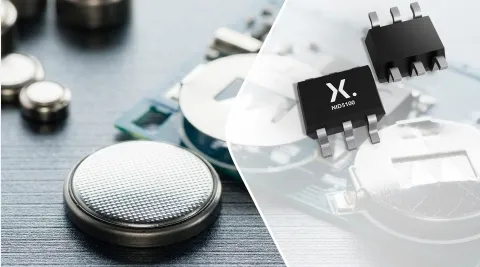 Two small black surface-mount chips marked with an X logo beside coin cell batteries on a circuit board
