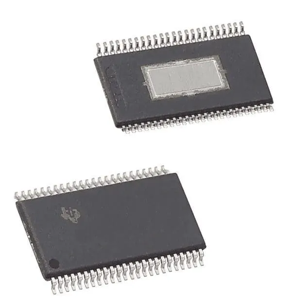 Two rectangular surface-mount chips with leads on both long sides, one marked with a Texas Instruments logo
