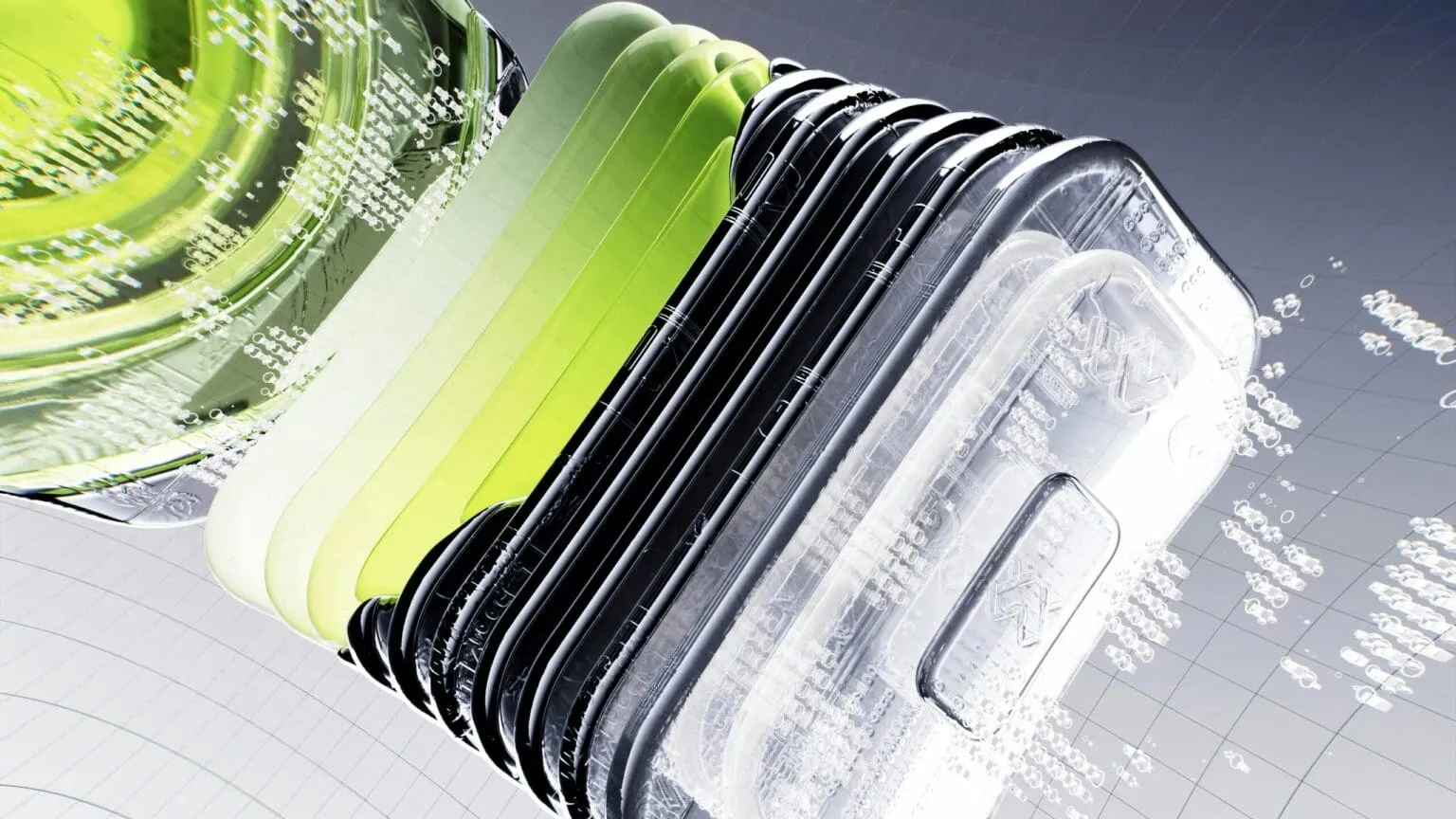 Abstract 3D render of stacked glass-like layers in lime green, black and clear white over a grid background
