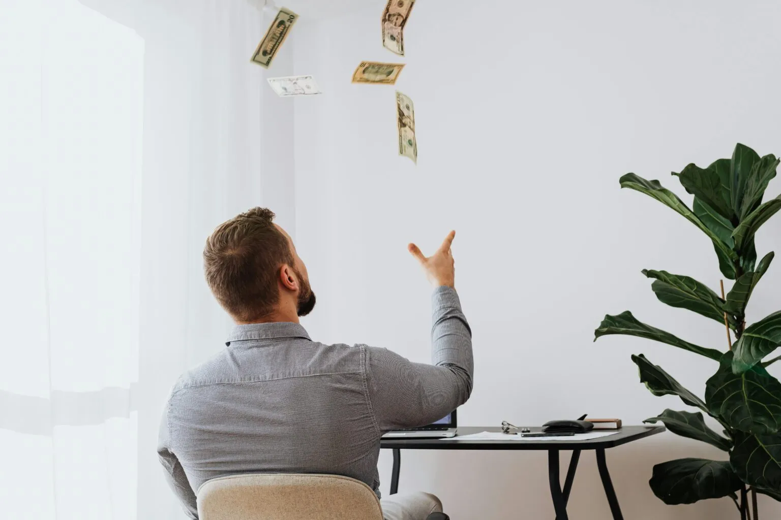 Man seen from behind at a desk with a laptop, tossing dollar bills into the air beside a potted plant