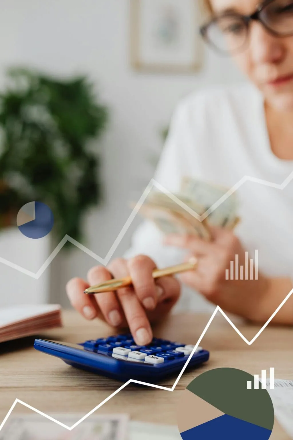 Woman in glasses pressing a blue calculator while holding banknotes, with chart lines and pie graphics overlaid