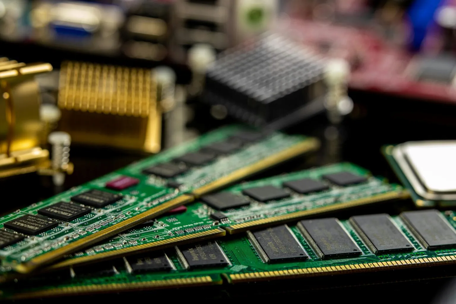 Three green RAM memory modules fanned out in front of a blurred heatsink and motherboard