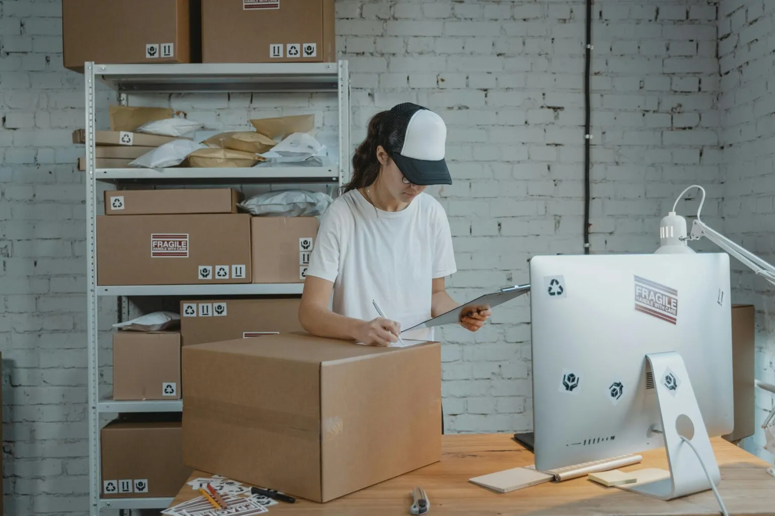 Person in a black cap writing on a clipboard beside a taped box, with shelves of parcels and a desktop monitor behind