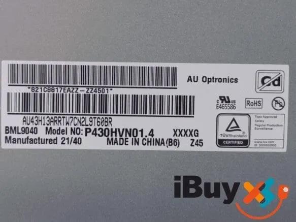 Label on the back of an AU Optronics LCD panel with barcodes and model number P430HVN01.4, with the iBuyXS logo