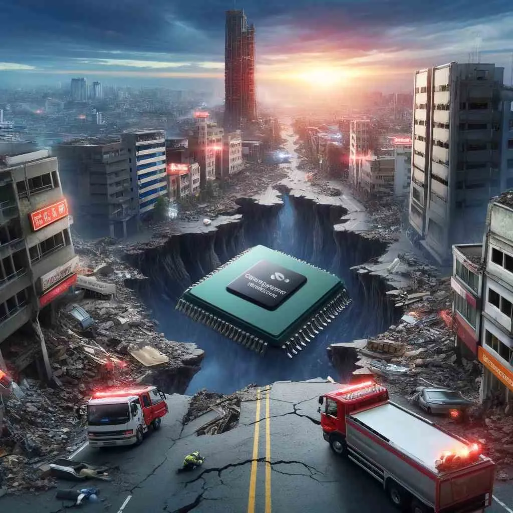 Illustrated city street split by a deep crack, with collapsed buildings, emergency trucks and a large green microchip lying in the chasm