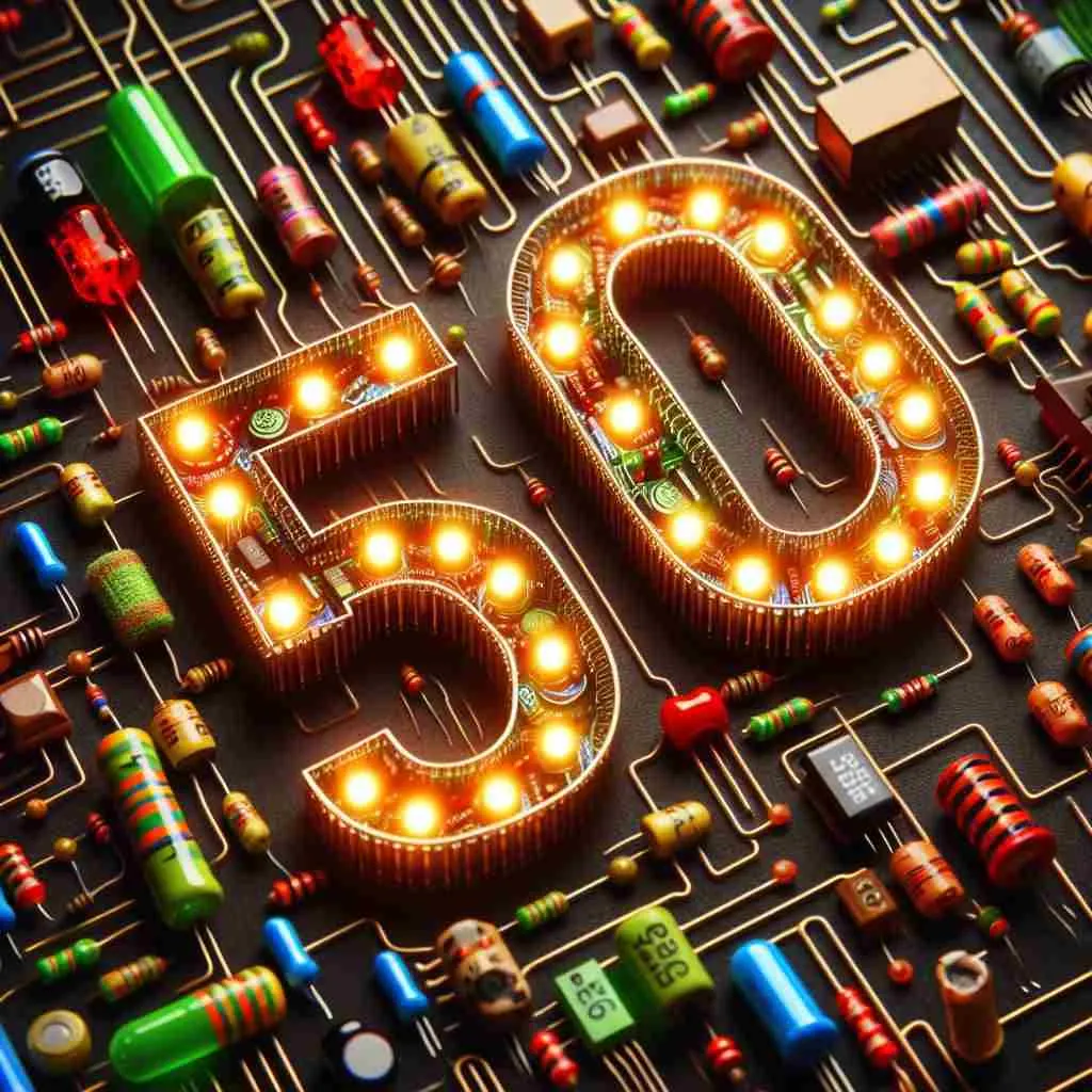 The number 50 built from glowing orange lights, surrounded by colorful resistors and capacitors on a circuit-trace background
