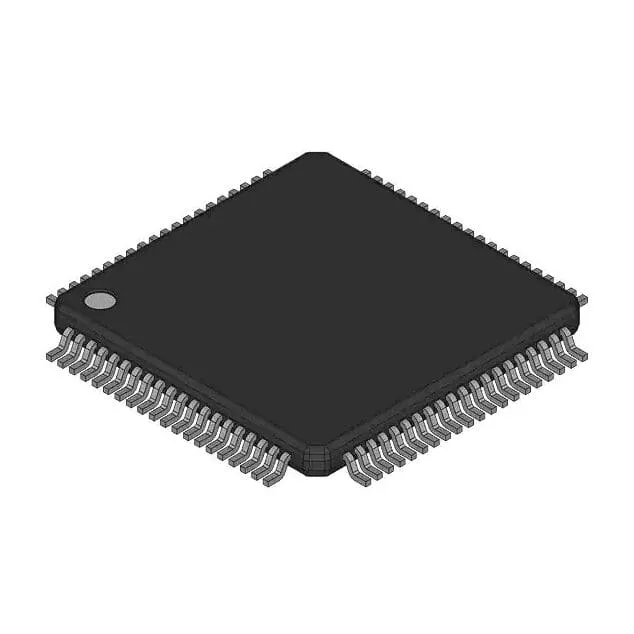 Black square surface-mount integrated circuit package with gull-wing leads on all four sides and a round pin-1 dot in one corner