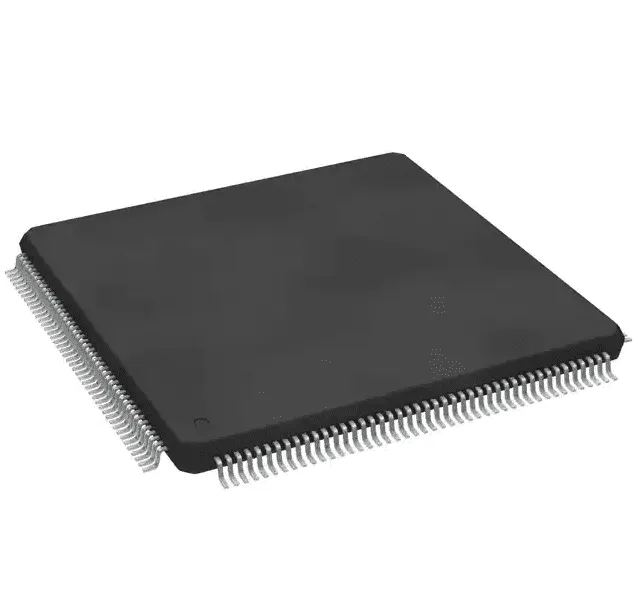 Large black square flat-pack IC with fine gray leads along its edges, angled view on white