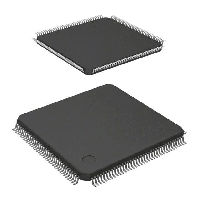 Two black square flat-pack chips with fine metal leads on all four sides, one above the other on a white background