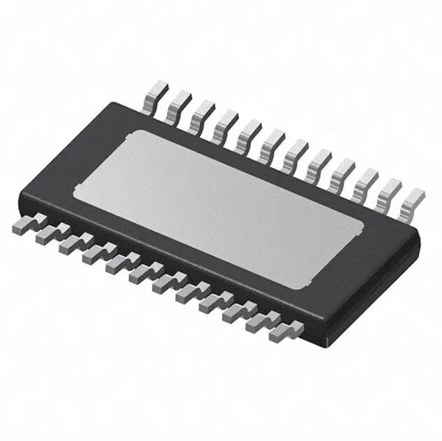 Black surface-mount IC with a metal heat pad on top and gull-wing leads along both long edges, on white