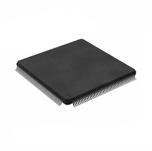 Black square flat-pack chip with fine metal leads along its edges, shown at an angle on a white background