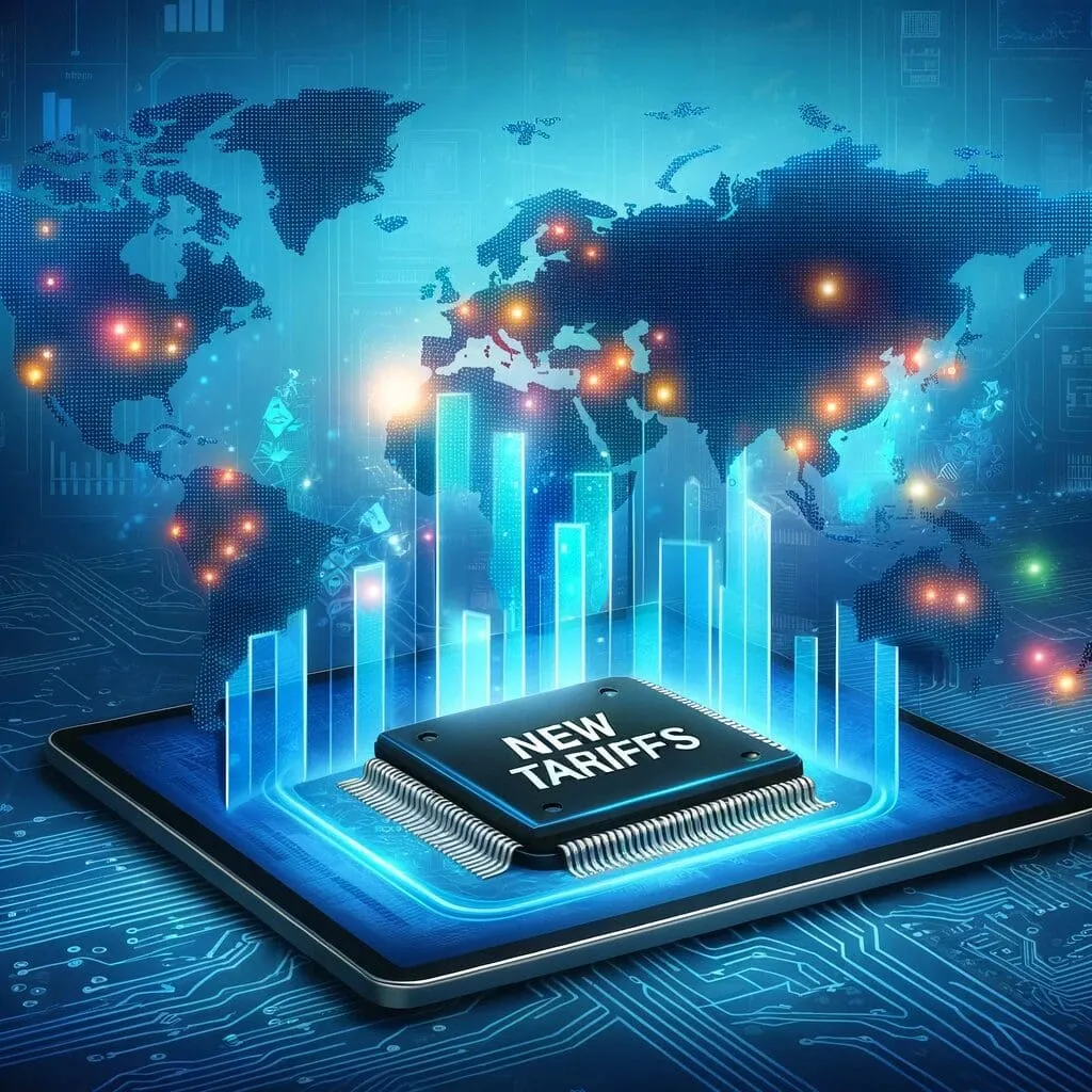 Illustration of a chip labeled NEW TARIFFS on a circuit-board tablet, with glowing bar graphs over a dotted world map