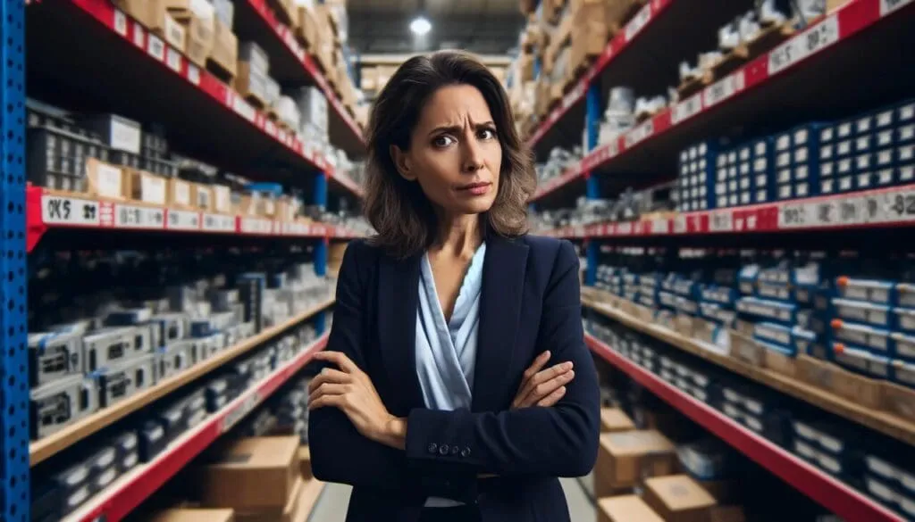 Woman in a navy blazer with arms crossed and a worried expression, standing in a warehouse aisle of shelved boxes