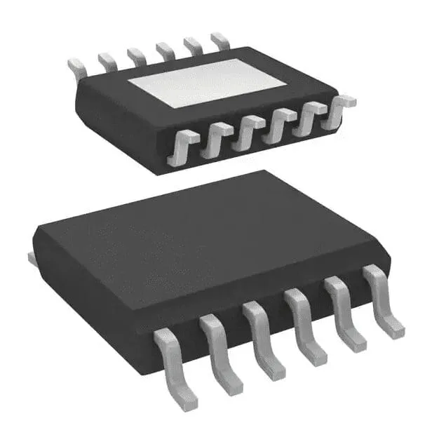 Two black surface-mount chips with six gull-wing leads per side, one showing a white rectangular pad on top, on a white background